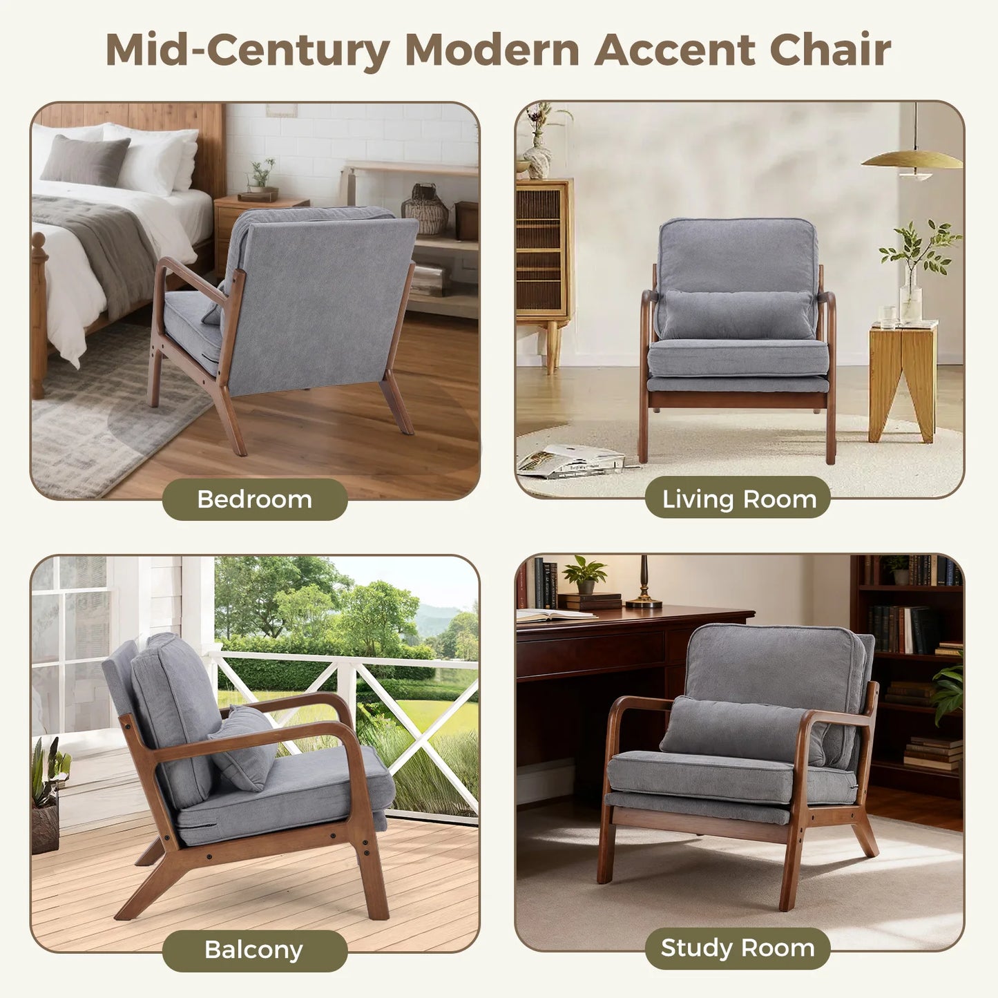 JHK Mid Century Modern Armchair With Solid Wood Frame And Cushioned Armrests