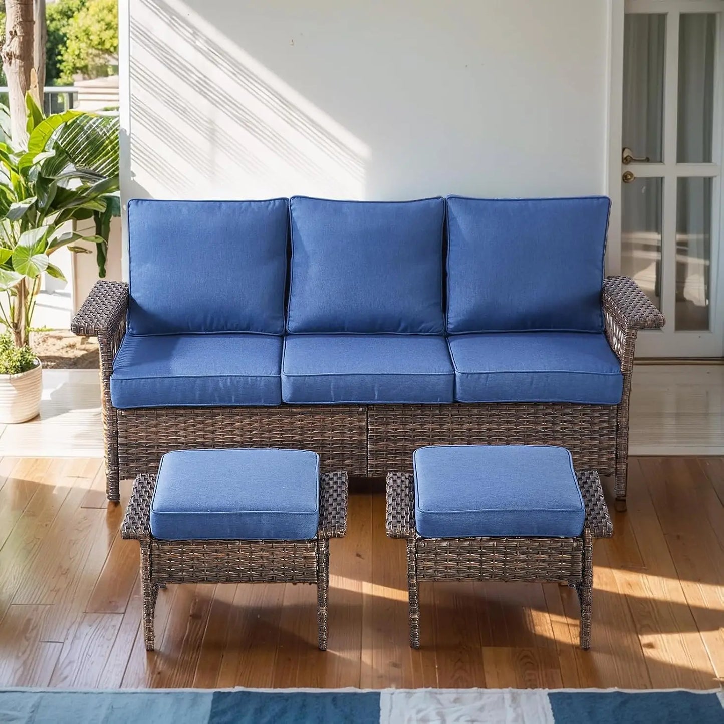Outdoor Wicker Sofa Set with Two Ottomans and Blue Cushions for Patio, Garden, Balcony, Sunroom, and Backyard