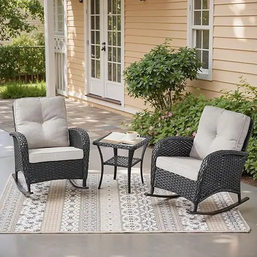 High Back Outdoor Wicker Rocking Chairs Set With Side Table For 3 Ideal For Patio Or Balcony