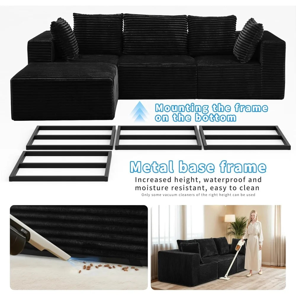 106" Black Cloud Sofa with L-Shaped Chaise Longue, Modern Modular couches with Deep Seats, Fluffy couches for Living Room