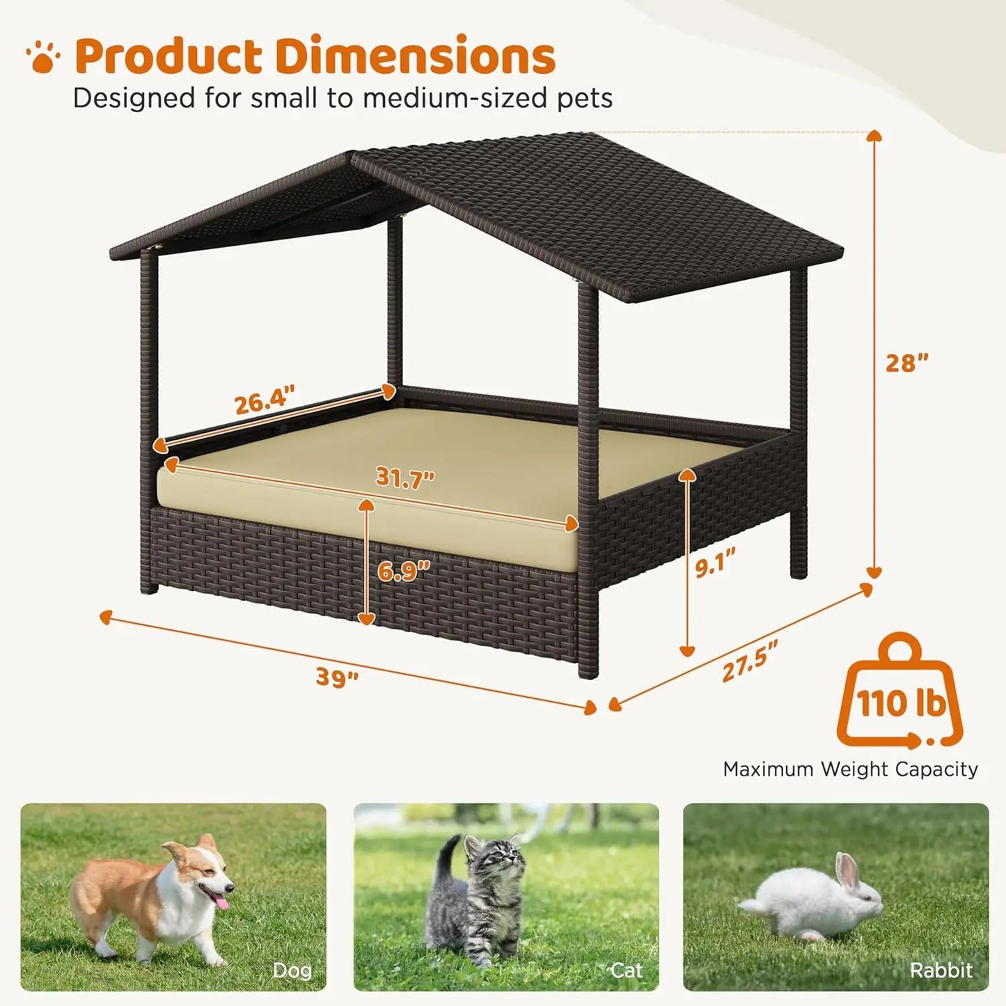 Wicker Dog House With Canopy Elevated Outdoor Shelter Bed For Small To Medium Dogs Shade For Patio And Deck