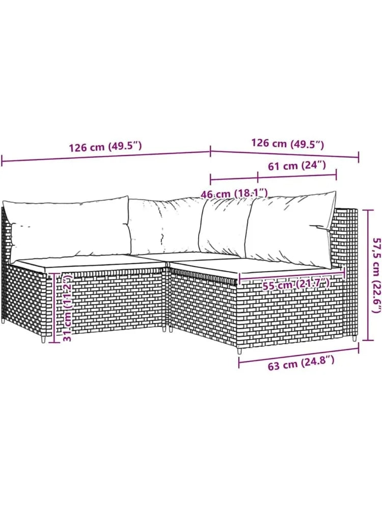 3 Piece Patio Lounge Set with Cushions Brown Poly Rattan Outdoor Sectional Outdoor Furniture for Lawn Deck