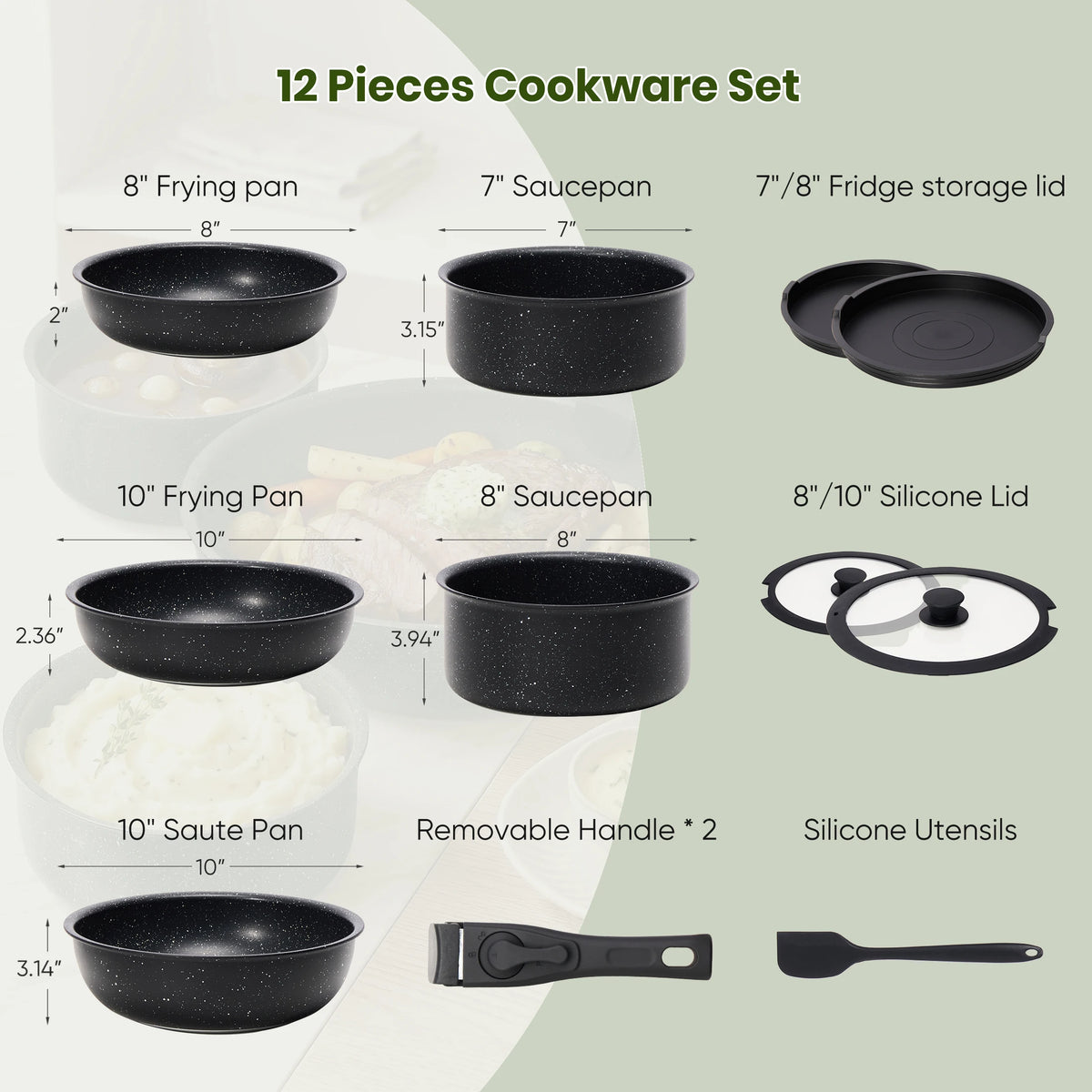 PFAS Free Ceramic Nonstick Induction Cookware Set With Detachable Handles
