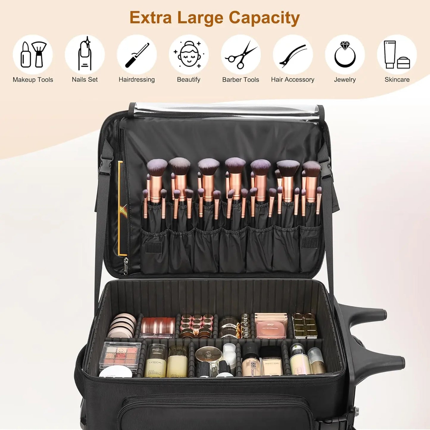 Rolling Makeup Case with 4 Small Makeup Bags, Large Make Up Travel Organizer with 2 big Wheels, Professional Lockable