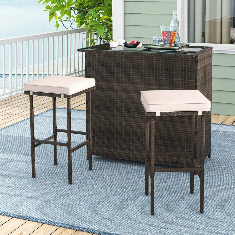 Three-Piece Outdoor Patio Bar Set with Wicker Table and Stools