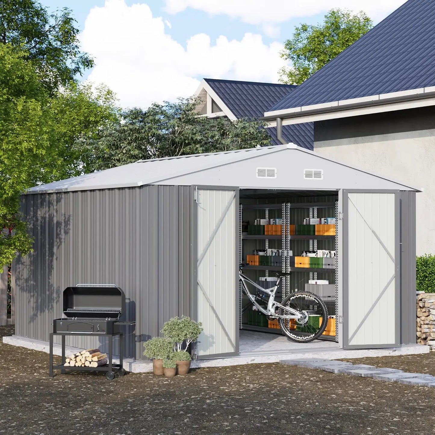 Lockable Metal Storage Shed For Garden Utility Tools Outdoor Use