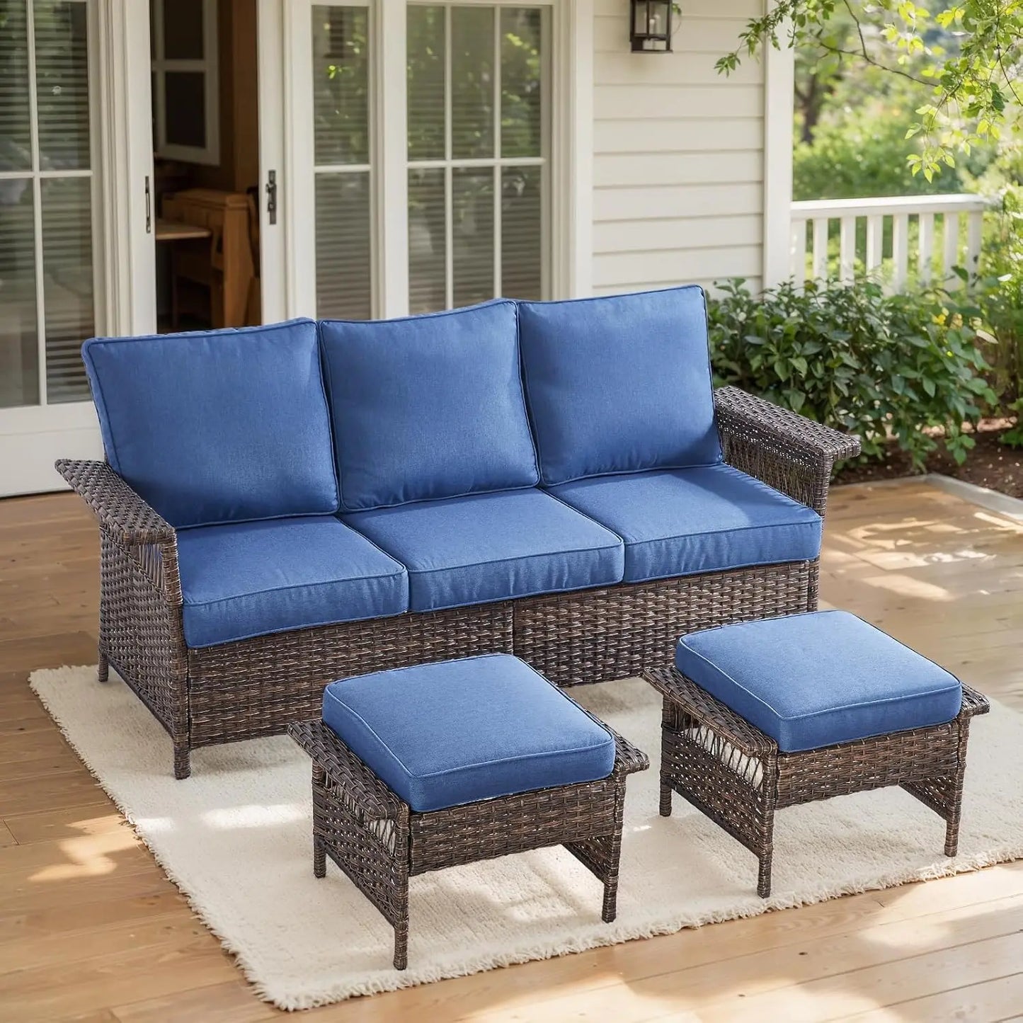Outdoor Wicker Sofa Set with Two Ottomans and Blue Cushions for Patio, Garden, Balcony, Sunroom, and Backyard