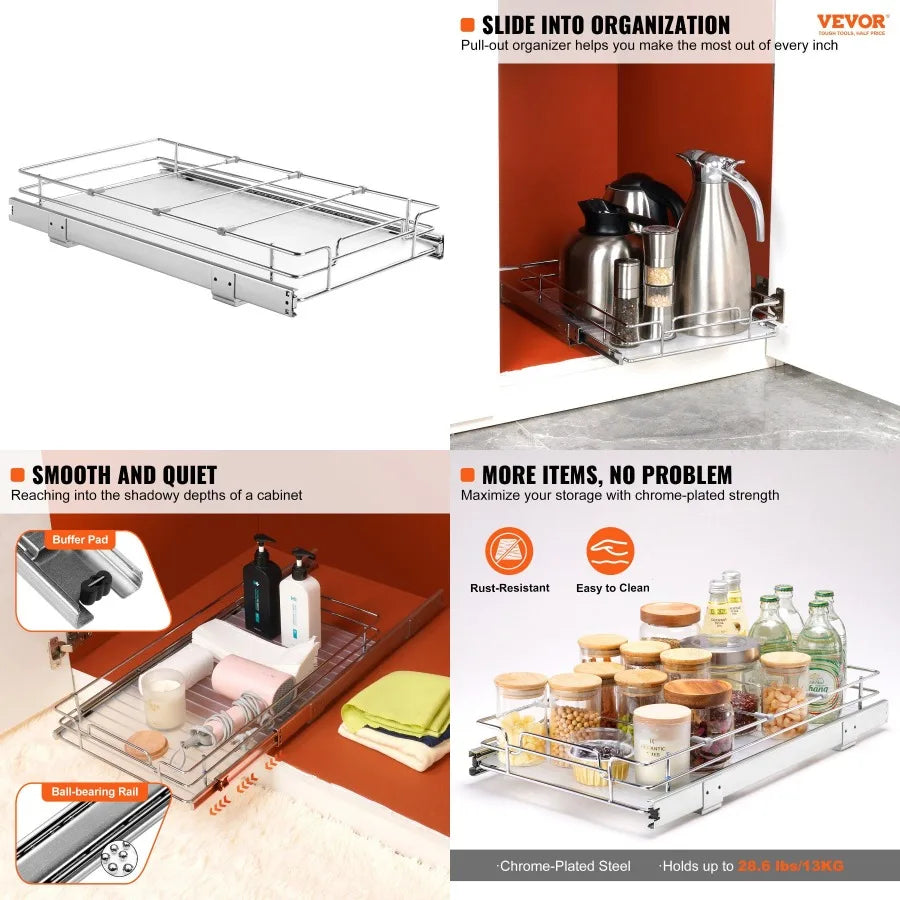 VEVOR 11"W x 21"D Pull Out Cabinet Organizer Heavy Duty Slide Out Pantry Shees ChromePlated Steel Roll Out Drawers Sliding Draw