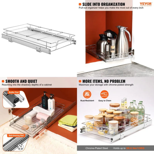 VEVOR 11"W x 21"D Pull Out Cabinet Organizer Heavy Duty Slide Out Pantry Shees ChromePlated Steel Roll Out Drawers Sliding Draw
