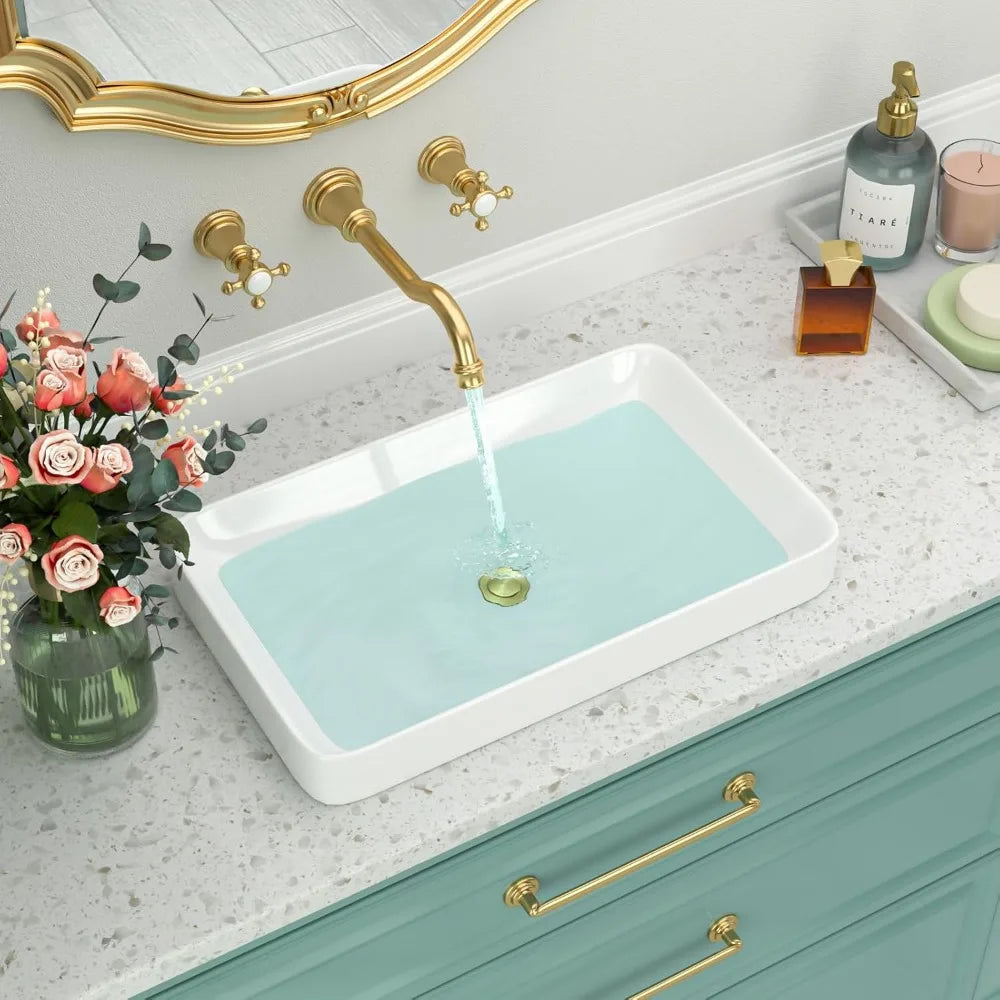 Vessel Sink-Beslend Bathroom Semi Recessed Sinks 19x12 Rectangular White Ceramic Modern Vessel Sinks Bath Wash Sink Bowl Vanity