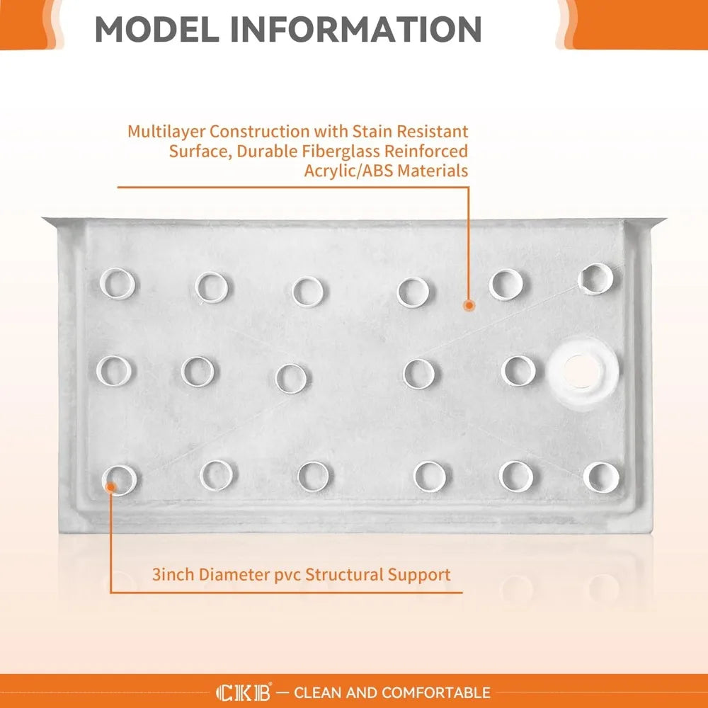 60 in L X 30" W Shower Base, Single Threshold, Right Drain with Slip Resistant Textured Surface, Shower Base