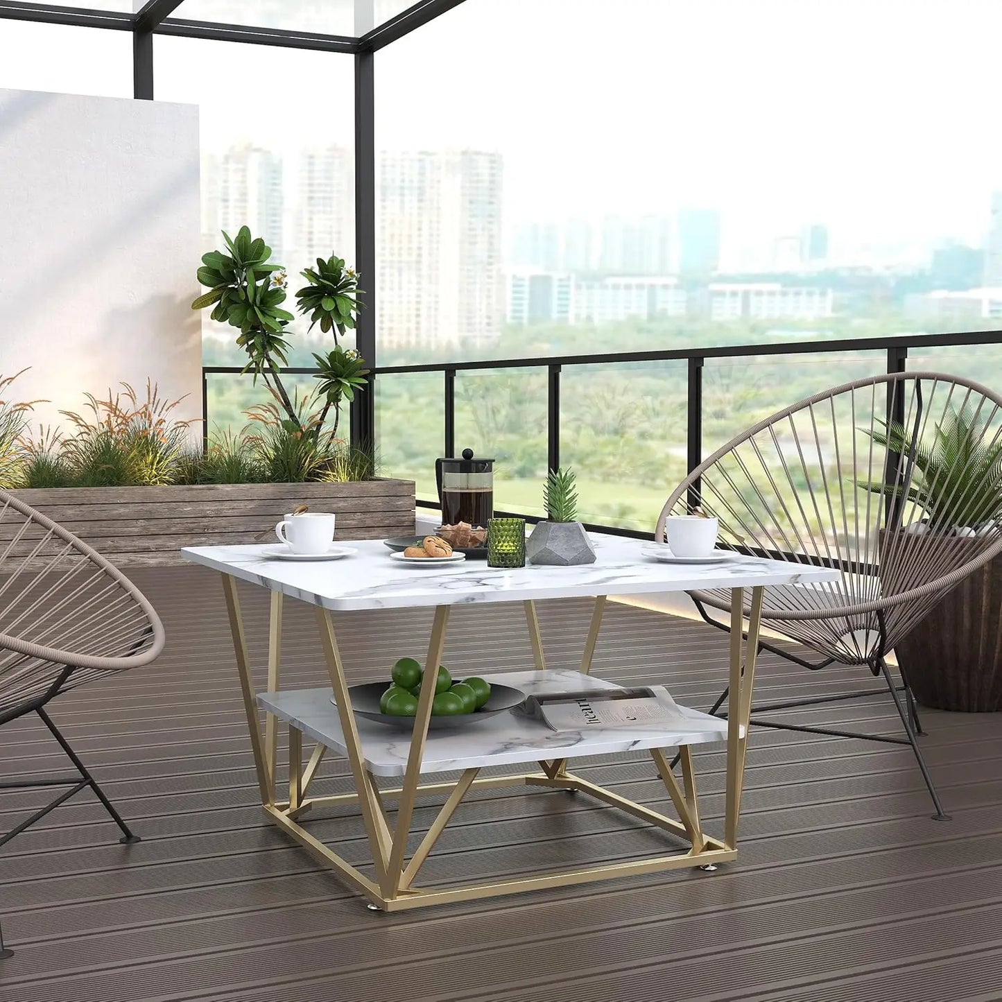 MERRONIX Two-Tier Modern Coffee Table With Wooden Tabletop Metal Frame