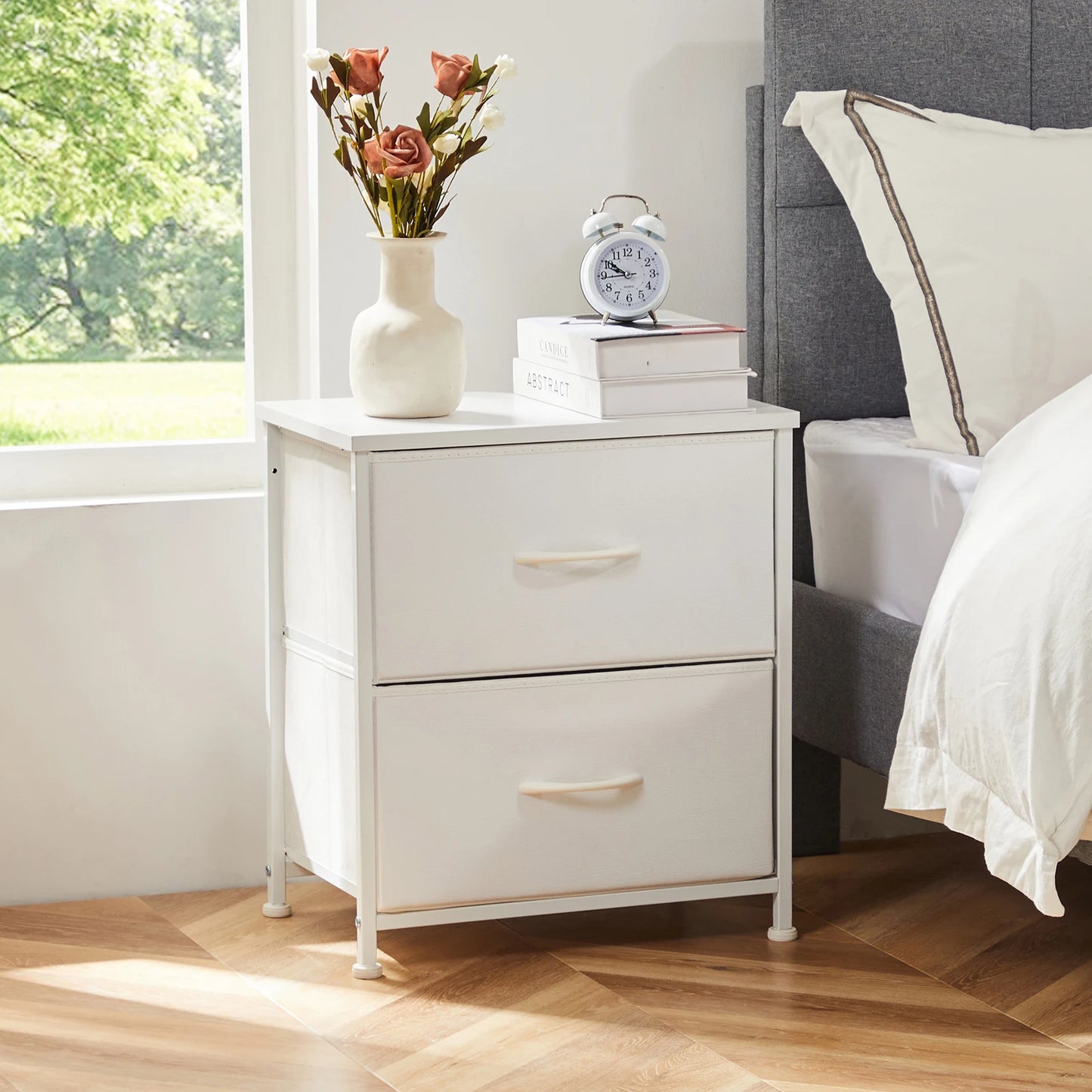 JHK Nightstand Bedside Table With Fabric Drawers For Bedroom