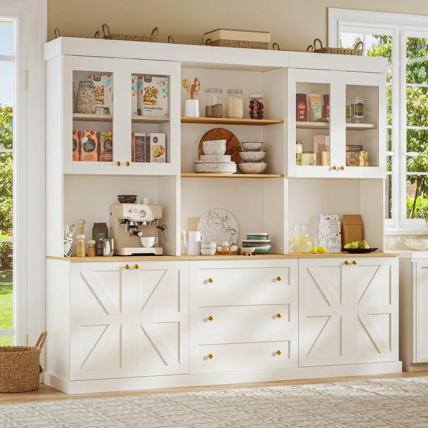 Zhuxiang Farmhouse Pantry Cabinet With Glass Doors