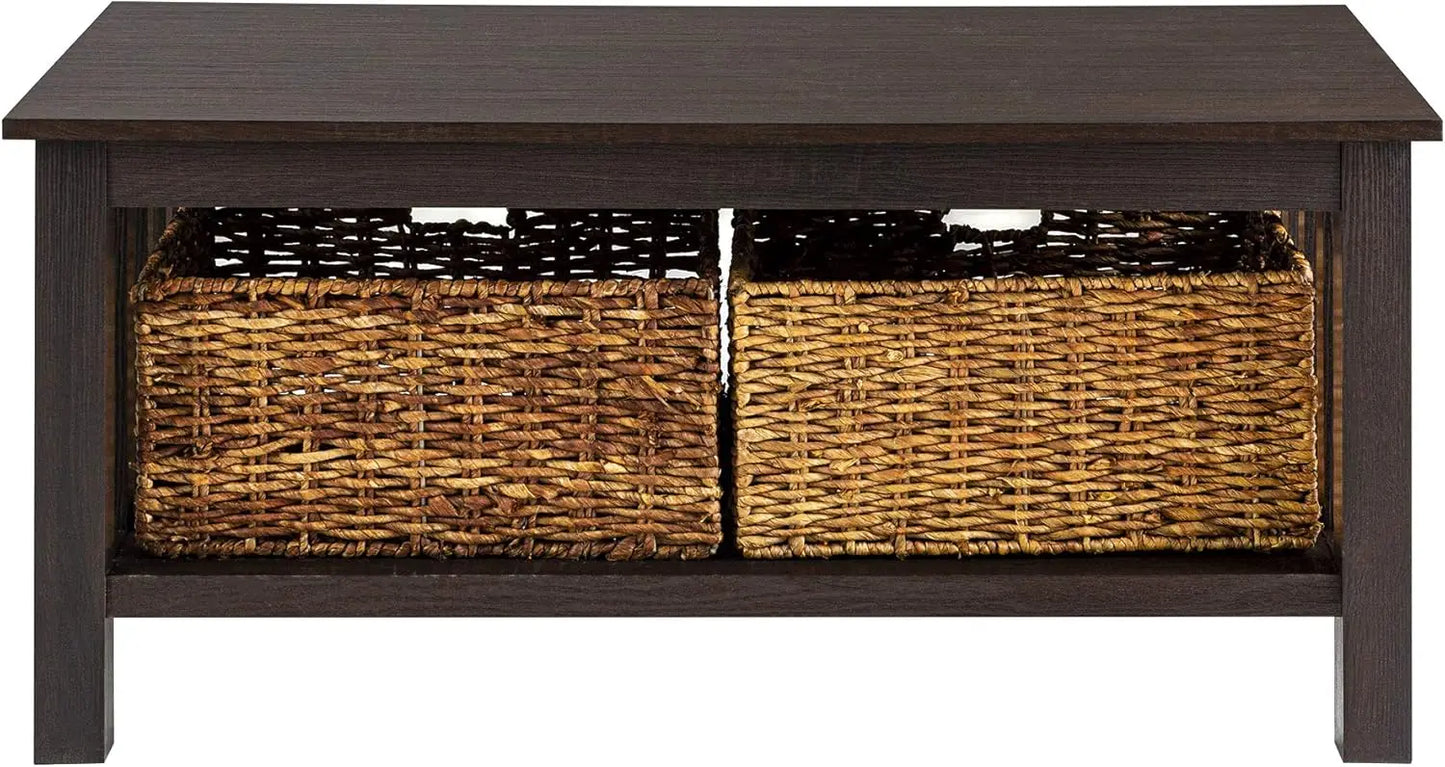 XMSJ Alayna Mission Style Two Tier Coffee Table Rattan Baskets