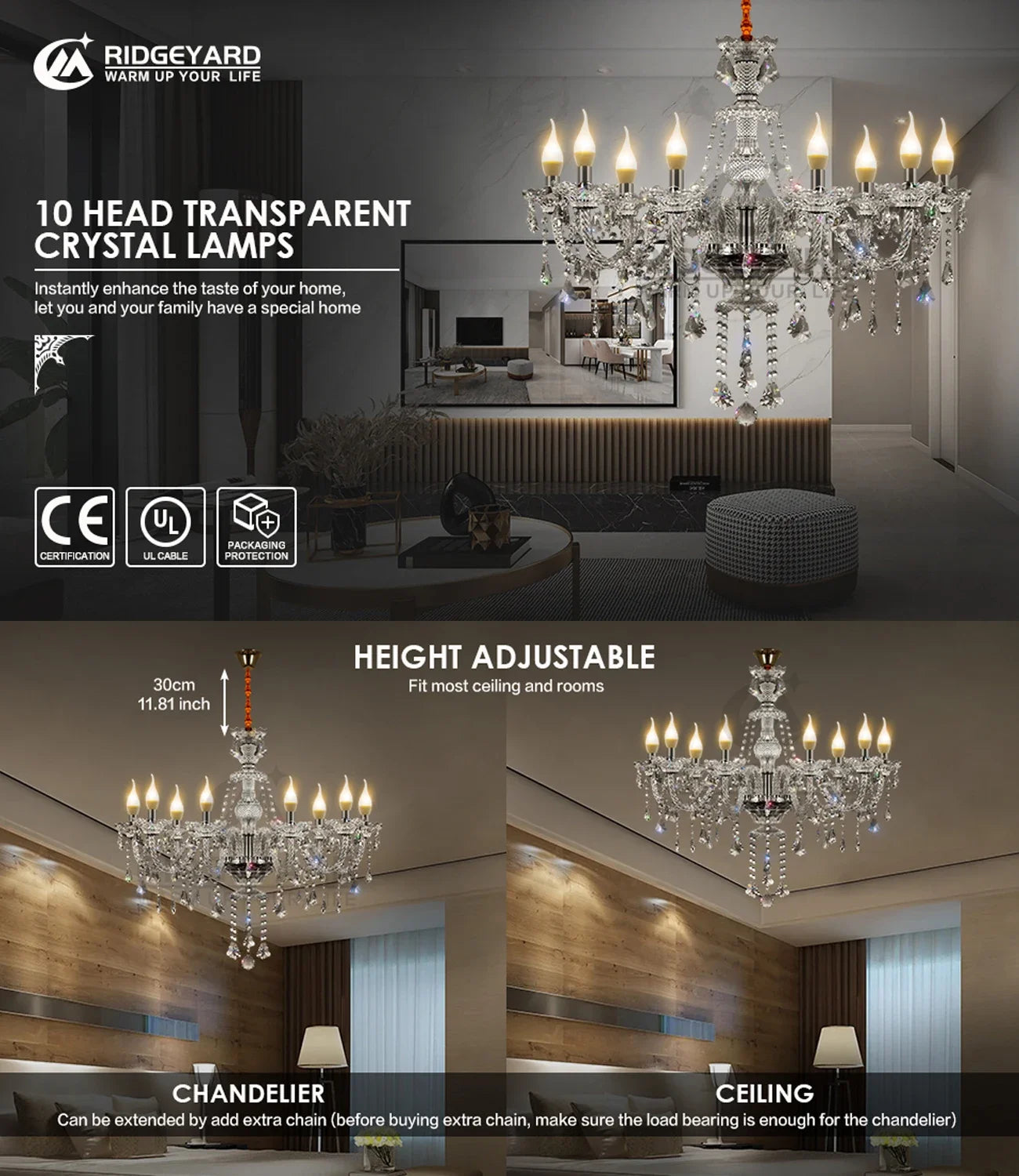 Ridgeyard K9 Crystal Chandelier Four To Eighteen Arms