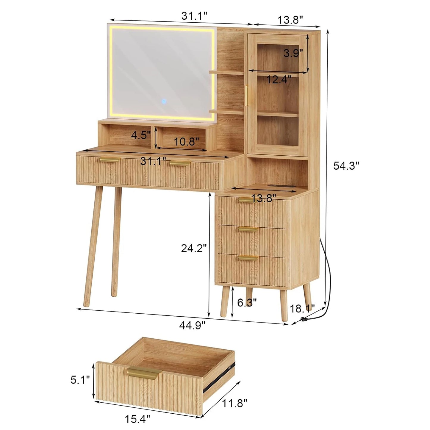 TWISTER.CK Makeup Vanity Desk With Lighted Mirror Glass Top 5-Drawer