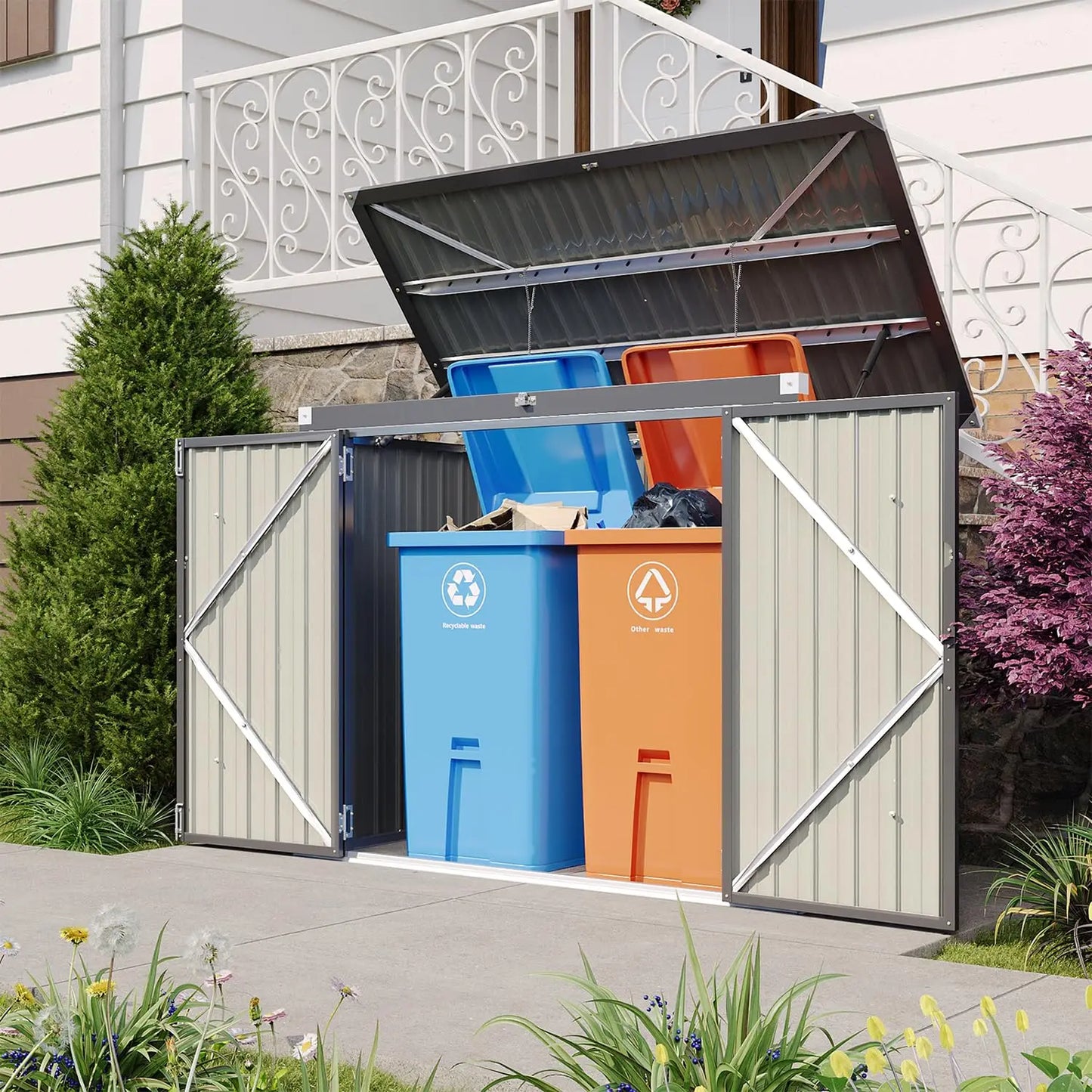 Metal Outdoor Storage Shed Chain Lid Waterproof Garbage Can Organizer For 2 Bins