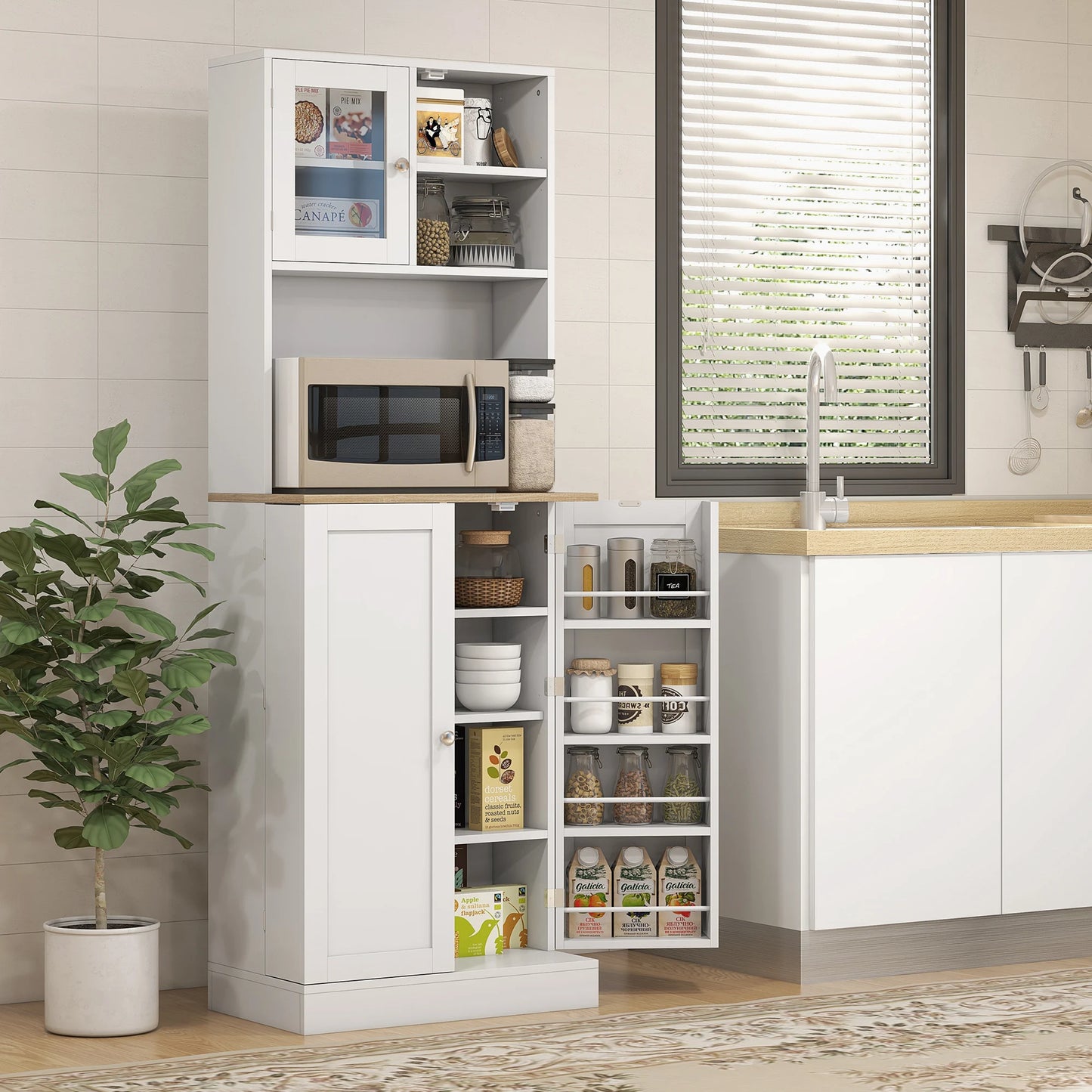 HOMCOM Kitchen Pantry Cabinet With Microwave Stand