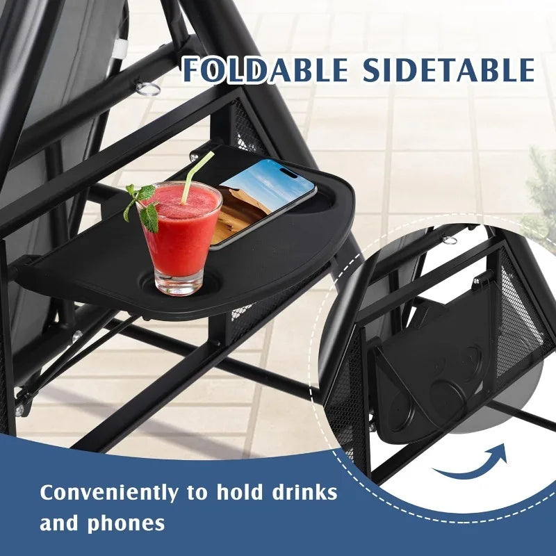 Outdoor Porch Swing with Canopy and Stand, 3 Person Patio Swing for Adults, Convertible 2 in 1 Porch Bed Swing with Cup