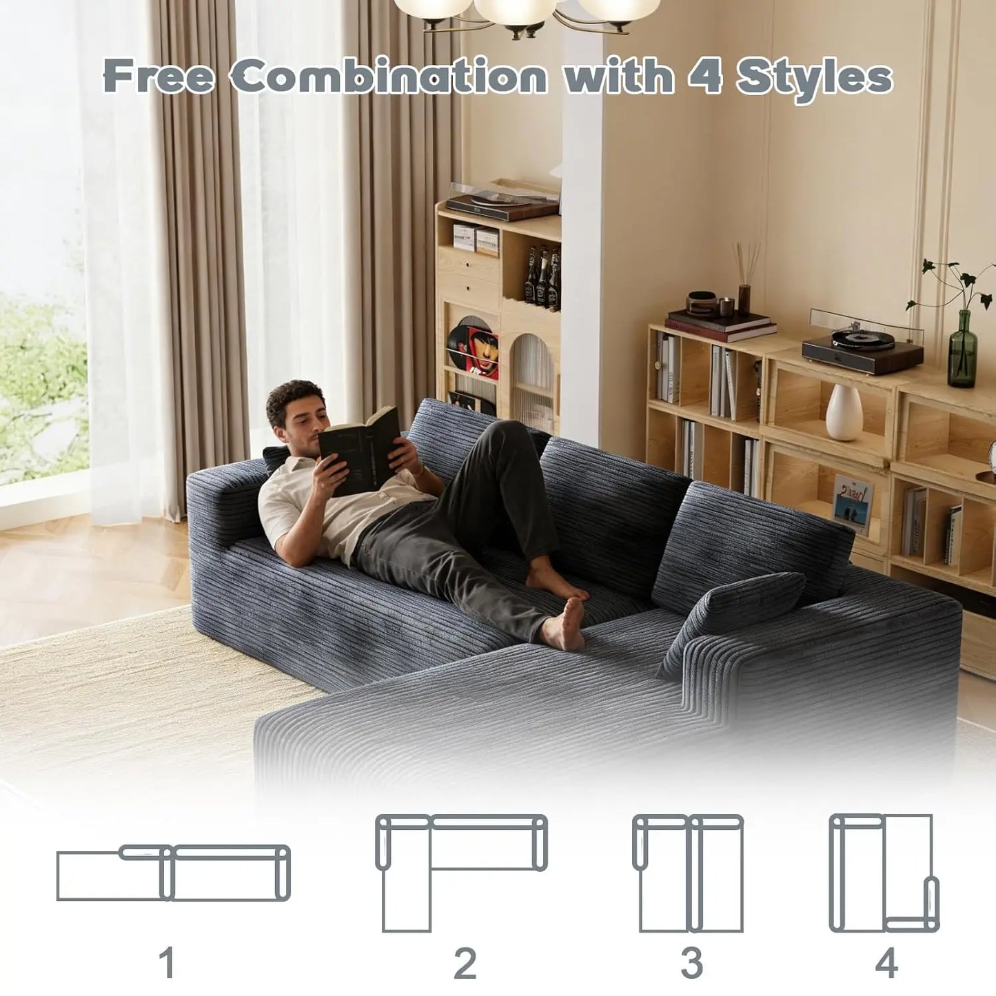 Corduroy Sectional Couch L Shaped Cloud Foam Sofa With Chaise