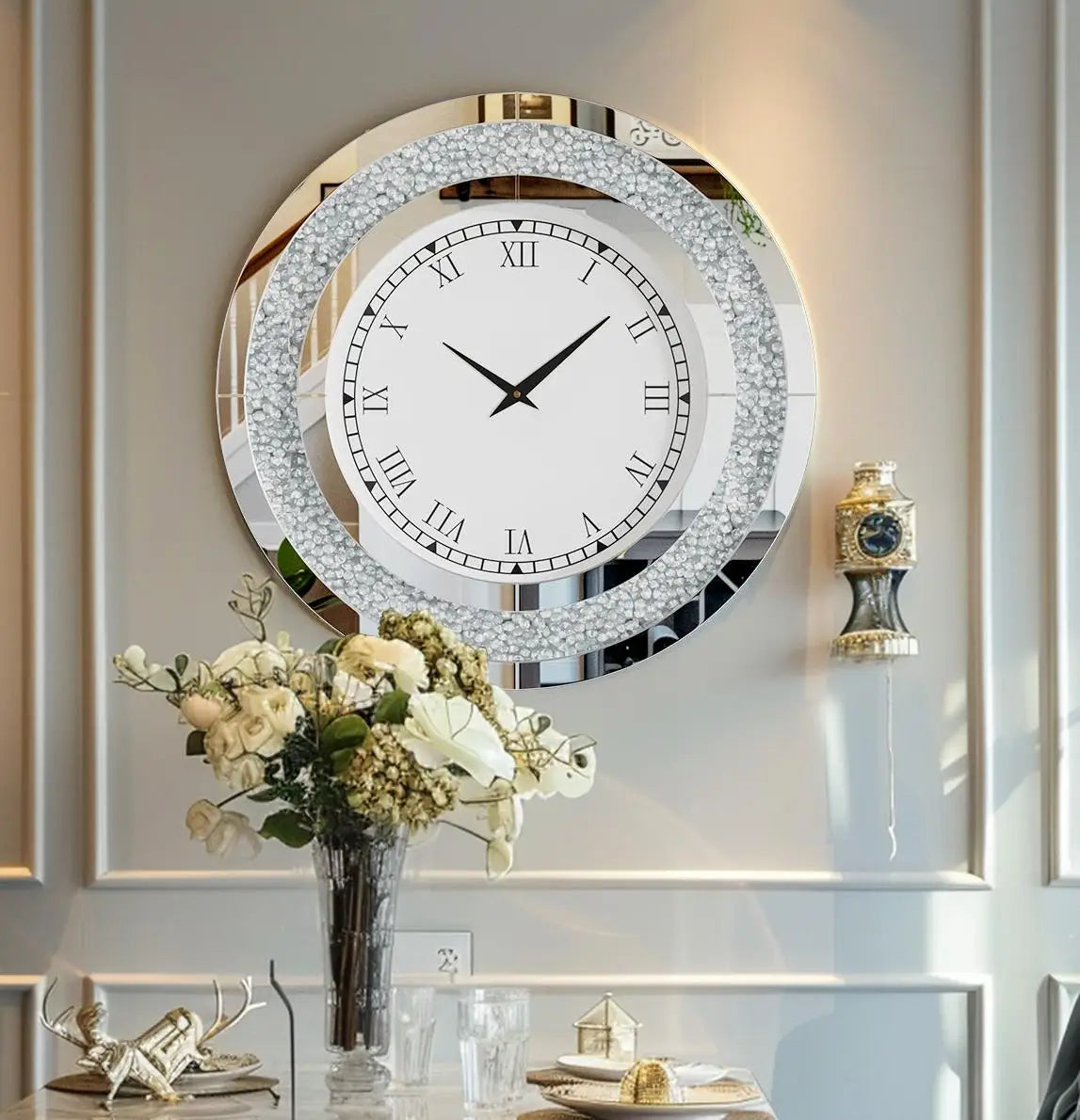 Silver Round Mirror Wall Clock Glam Sparkle Accent Decor