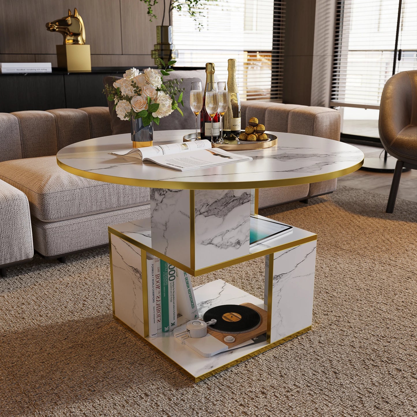 MERRONIX 3-Tier Round Coffee Table With Storage