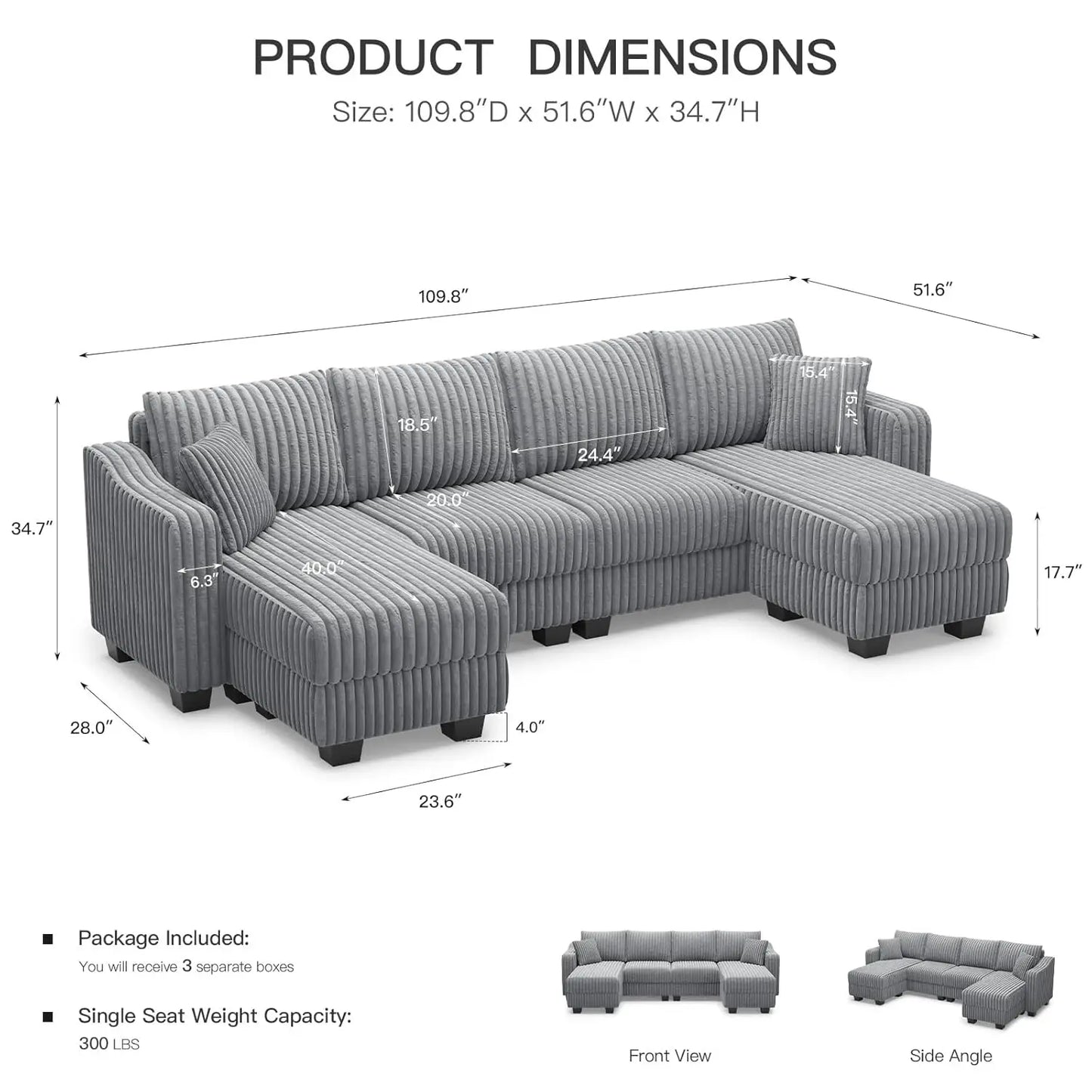 U Shape Reversible Sectional Sofa Ottoman Corduroy Living Room Set