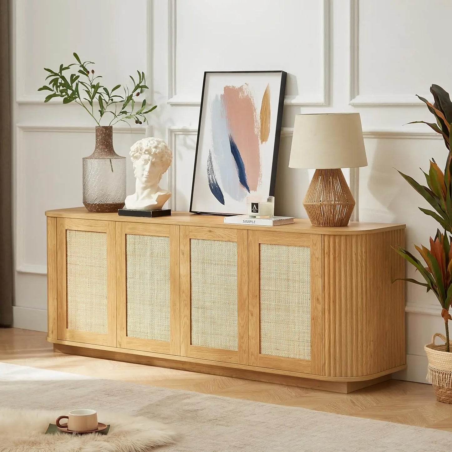 GUOHE Fluted Walnut Sideboard Buffet With Storage Cabinet