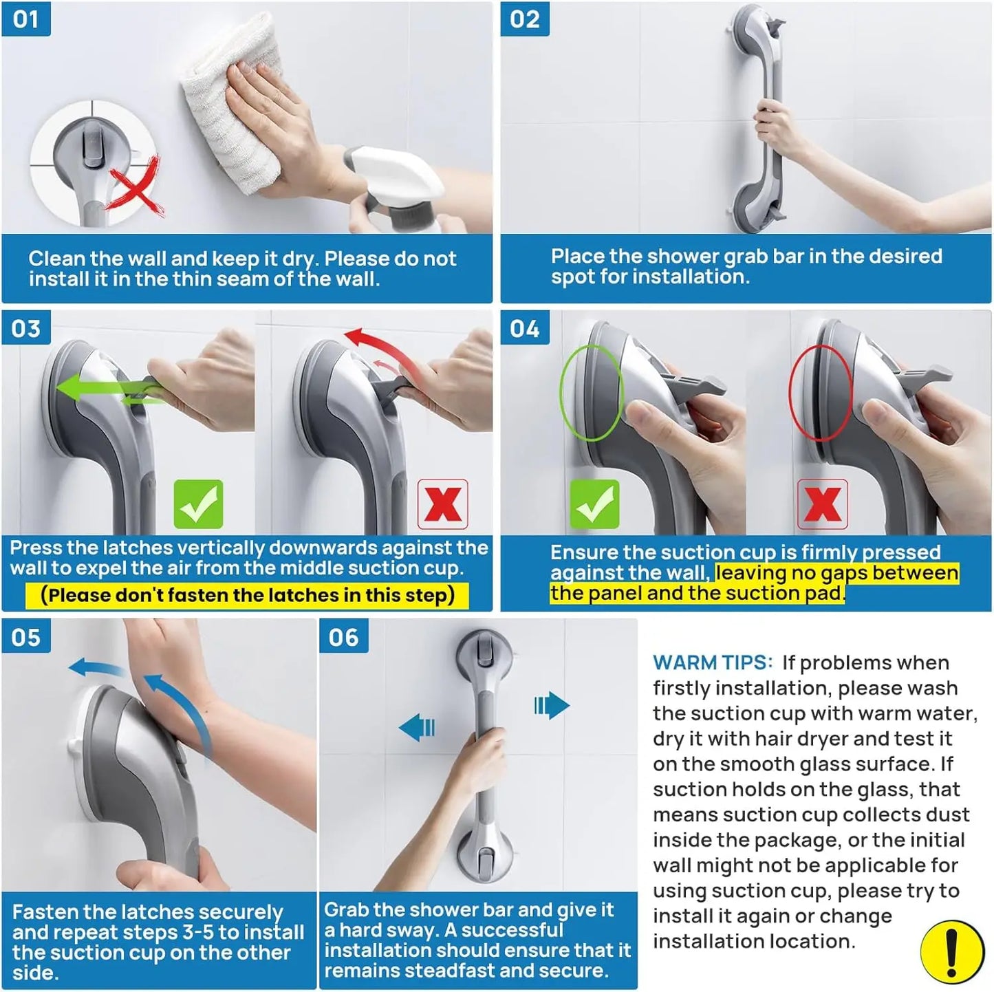2 Pack Suction Shower Grab Bars For Seniors Waterproof Easy Install No Drill