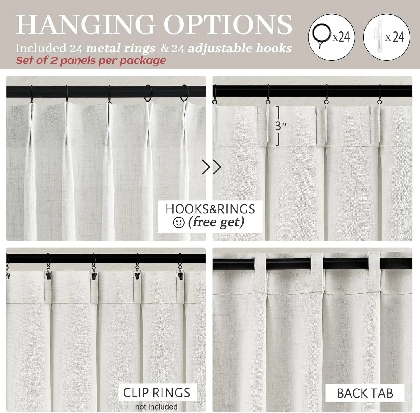 XMSJ Pinch Pleated Linen Blend Curtains Light Filtering