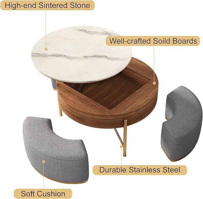 32 "coffee table set, round marble coffee table with storage and nested footstool, modern functional living room furniture set