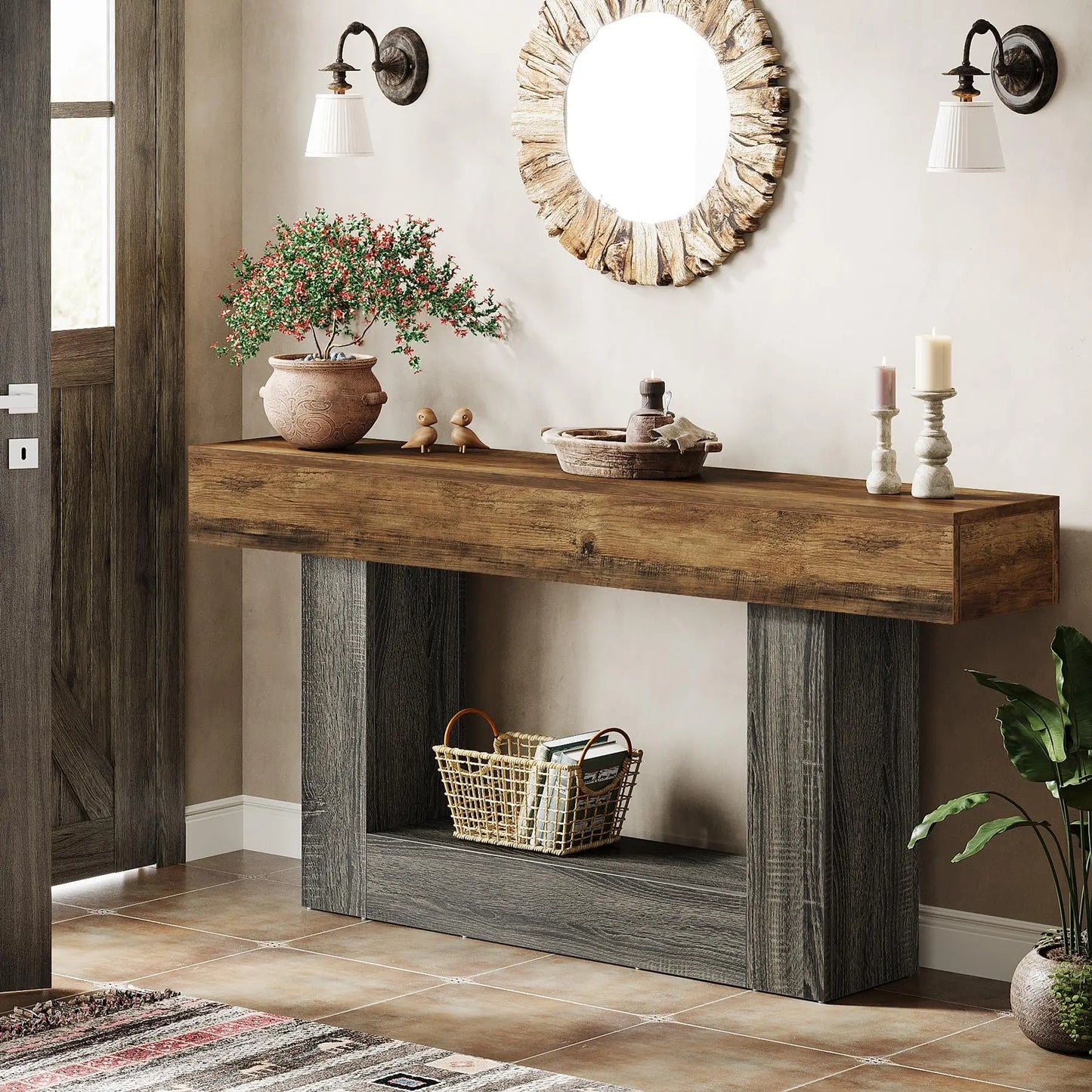 Tribesigns Farmhouse Console Table Two Tier U Shaped Base