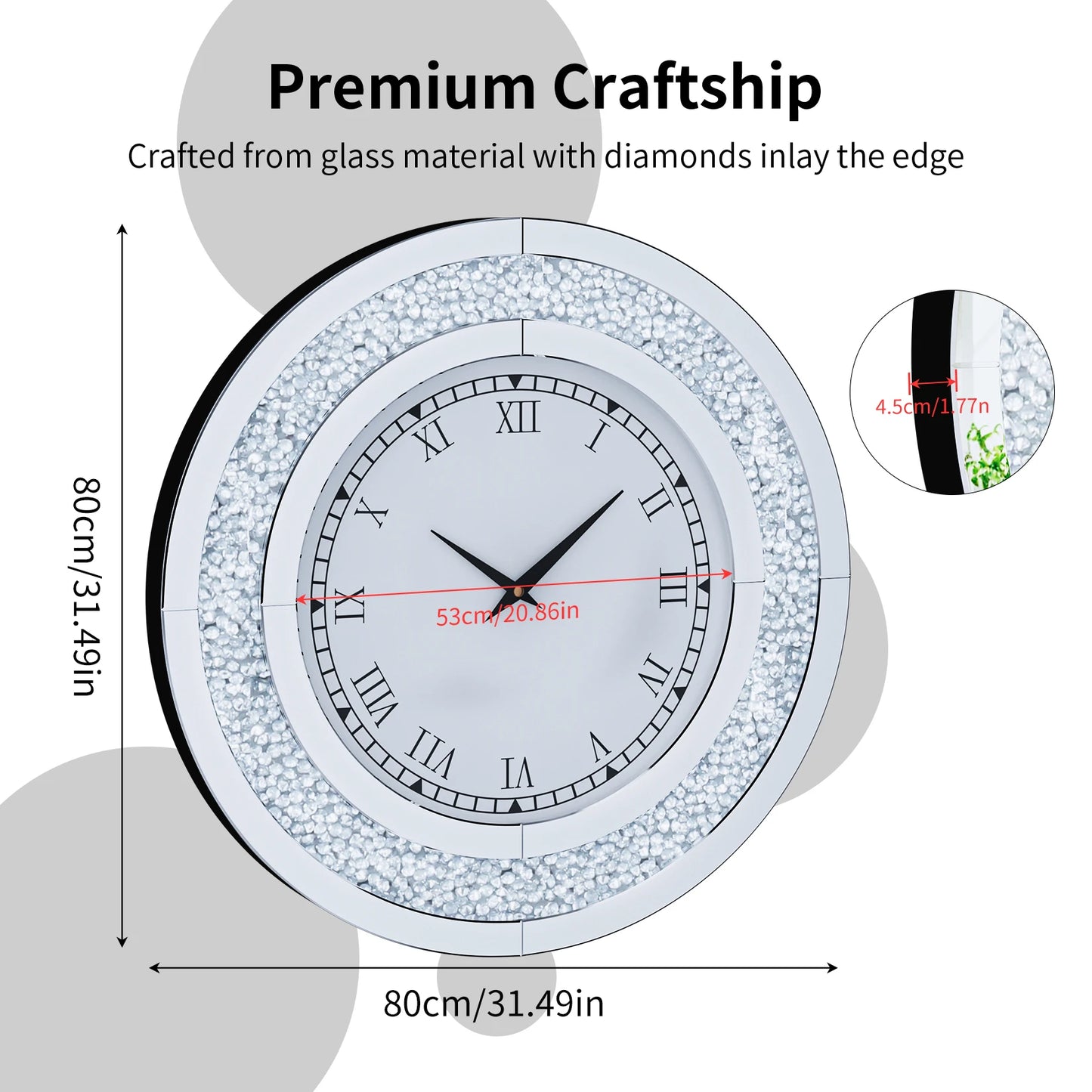 Silver Round Mirror Wall Clock Glam Sparkle Accent Decor