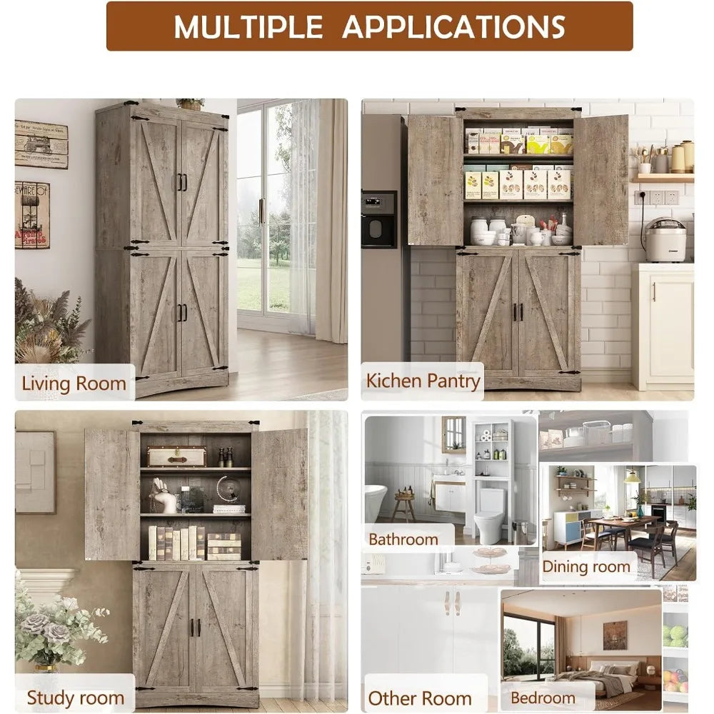 71" Tall Kitchen Pantry,Farmhouse Storage Cabinet with Adjustable Shelves,Load-Bearing Steel Pipe,Farmhouse Pantry Cabinet with