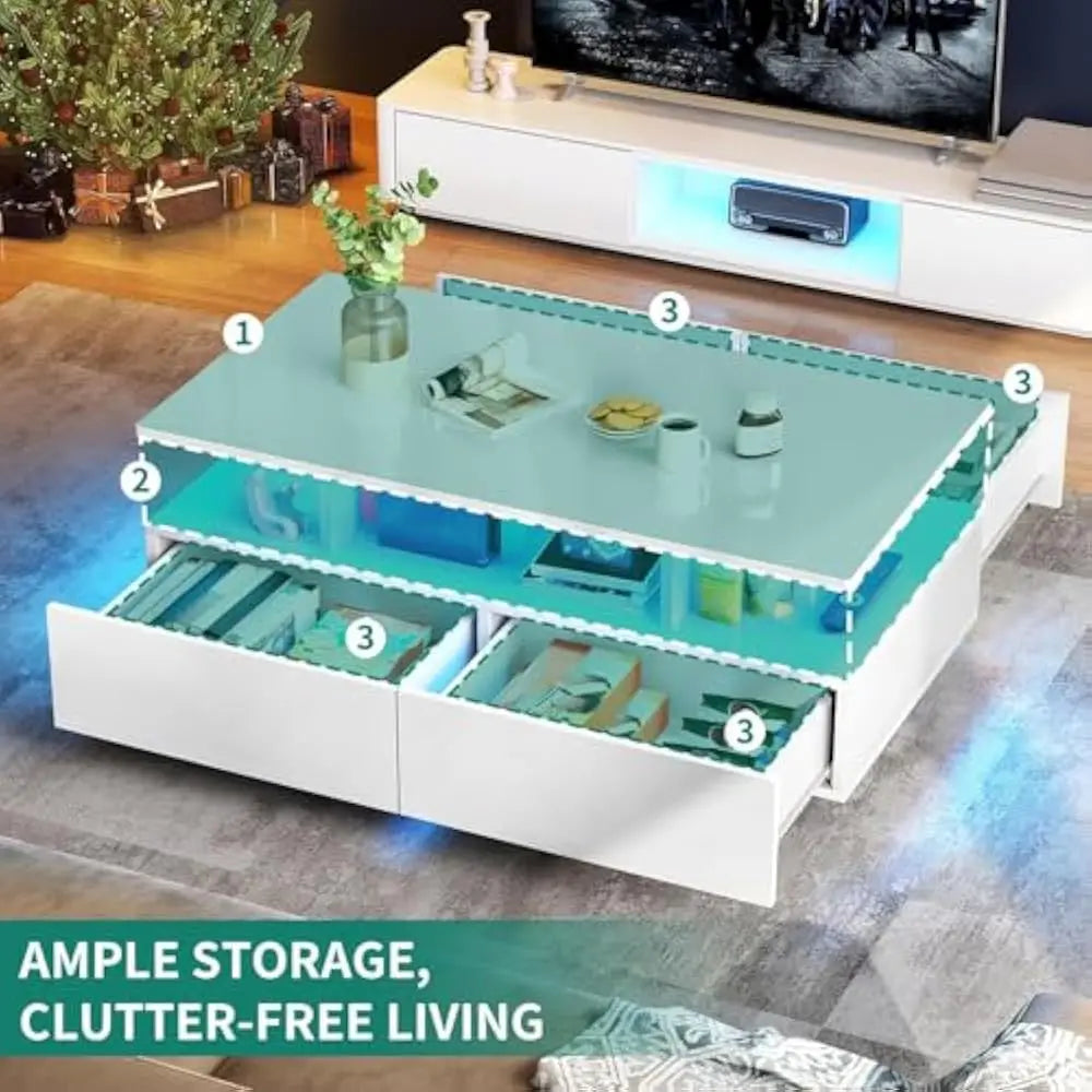 LED Coffee Table With 4 Sliding Drawers And Open Display Shelf