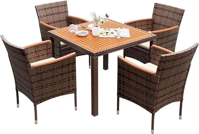 Acacia Wood Top Patio Conversation Set With Rattan Table And Chairs