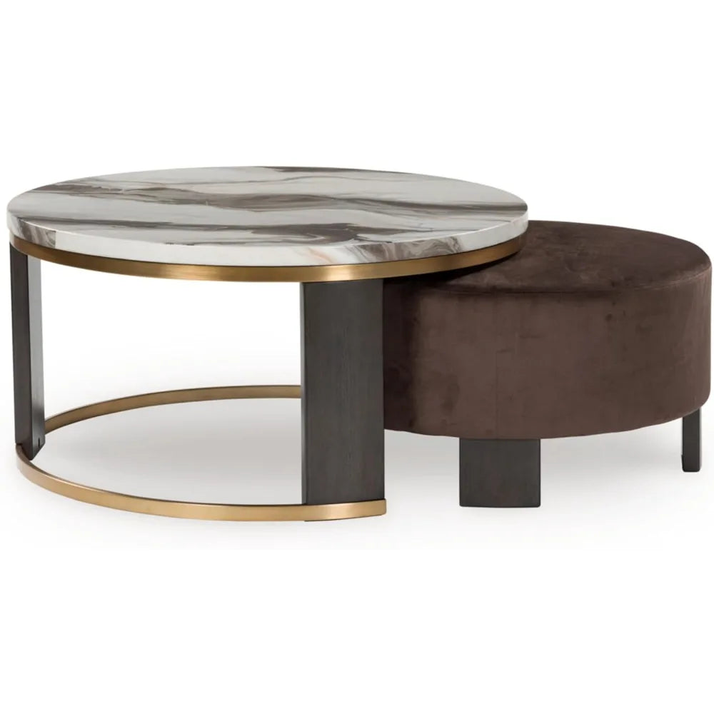 Faux Marble Nesting Coffee Tables With Velvet Ottomans Set Two