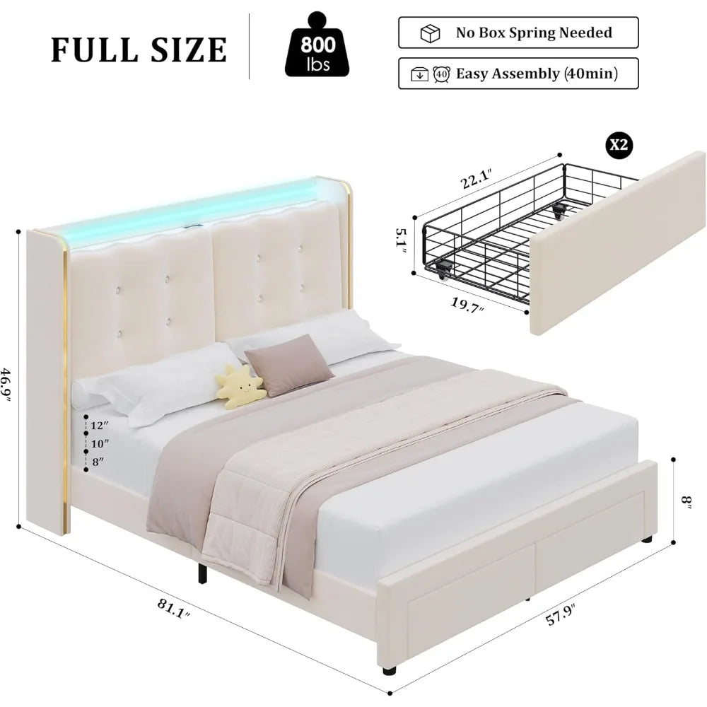 LED Bed Frame With Charging Station And Storage Drawers