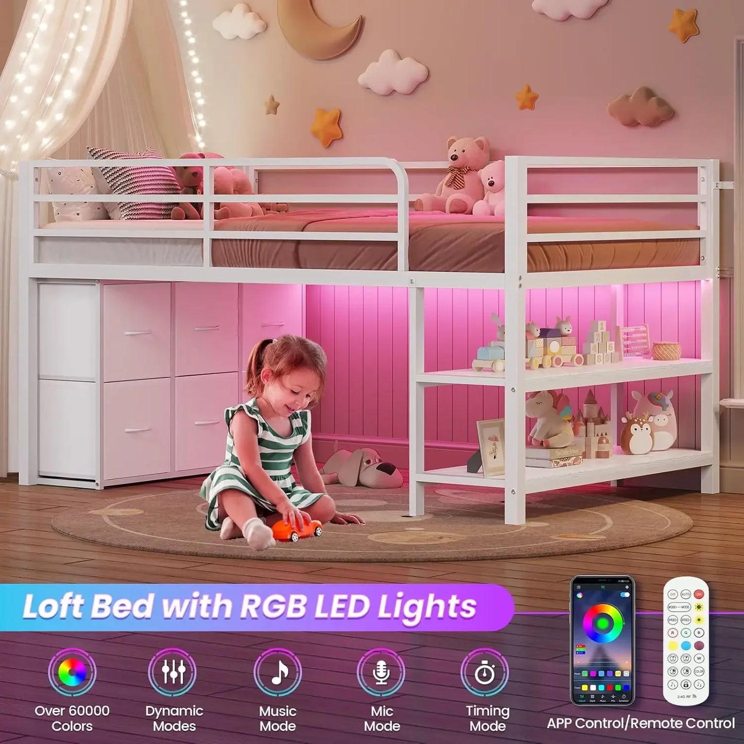 XMSJH Loft Bed With 6 Drawers LED Lights Metal Frame