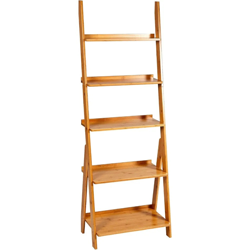 Bookshelf & 5-Tier Bamboo Ladder Shelf & 59.4” Book Shelf Bookcase Floor Freestanding Multipurpose Bamboo Storage Rack Furniture