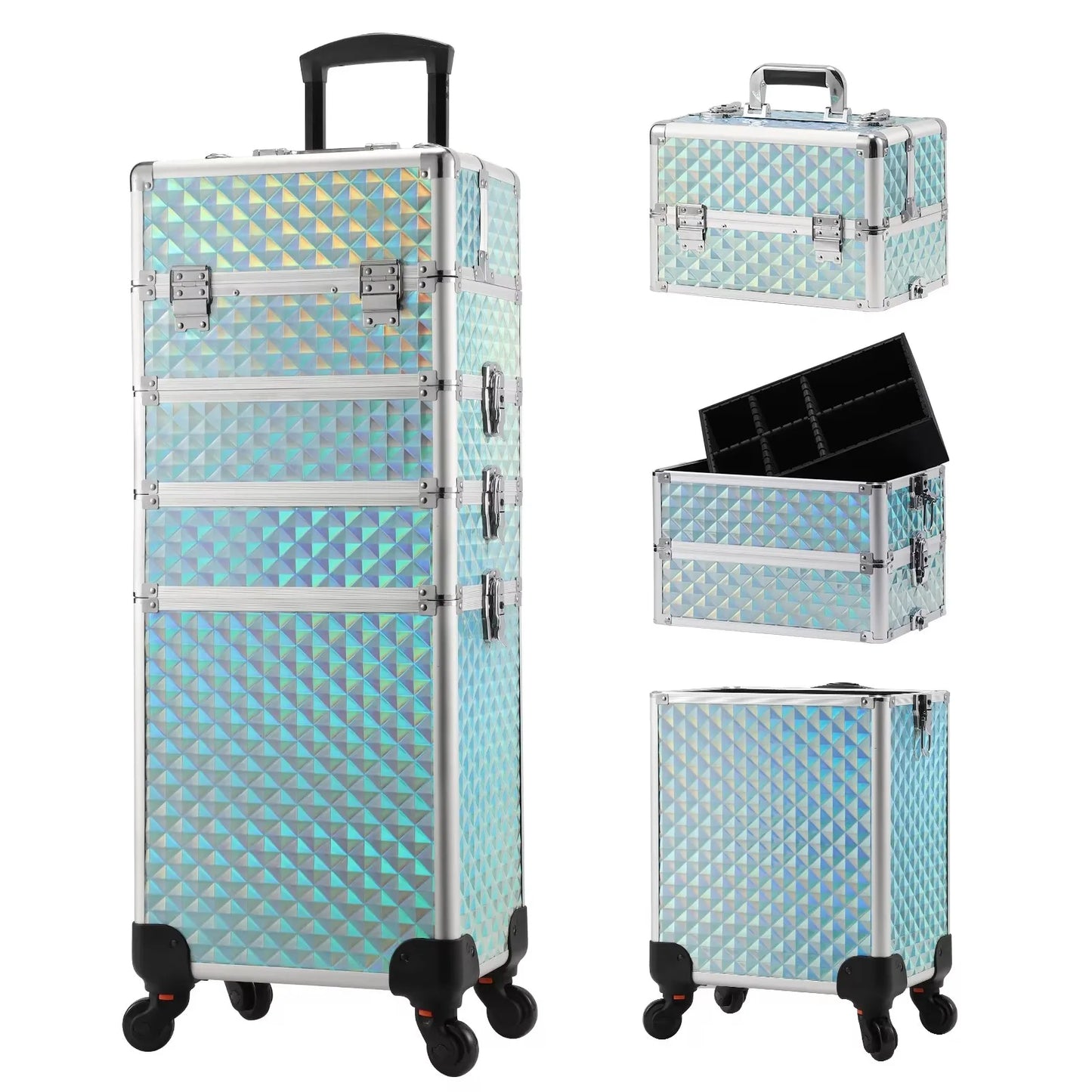 Detachable 4 In 1 Makeup Trolley Case On Wheels Alloy Frame With Lock For Nail Salon Manicure And Capacity Storage