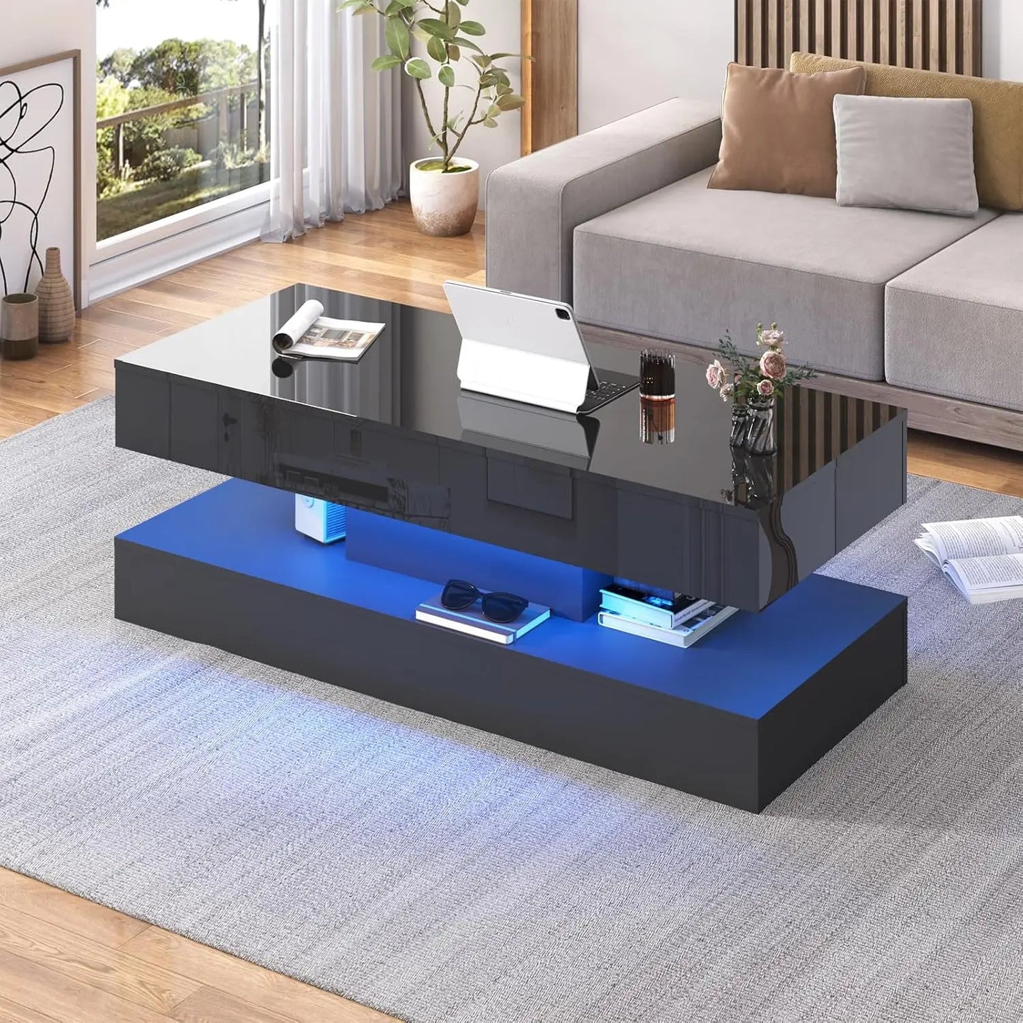 QiaoShiRen Modern LED Coffee Table With Dual Drawer Storage