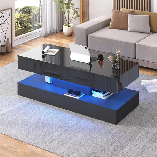 QiaoShiRen Modern LED Coffee Table With Dual Drawer Storage