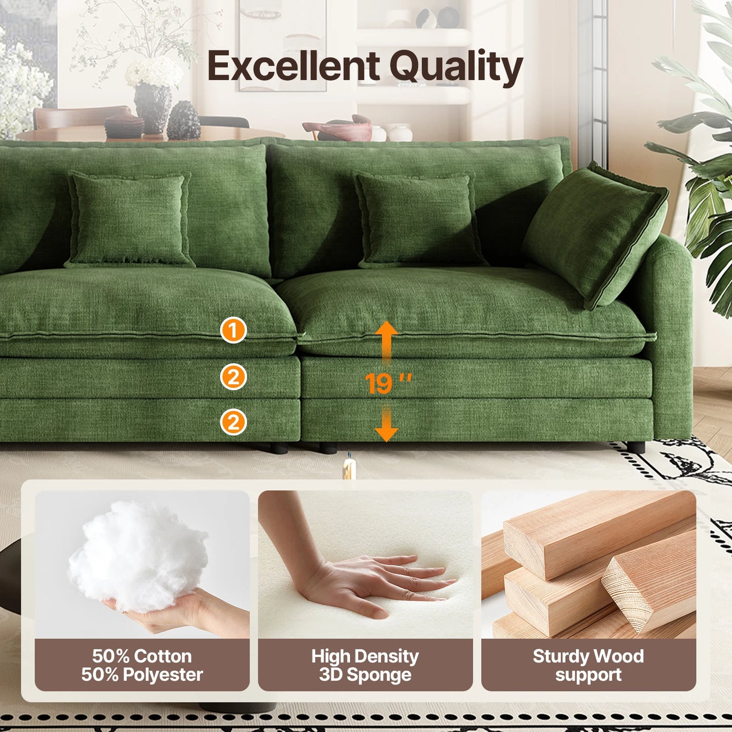 QWCCN L Shaped Modern Chenille Sofa Sectional With Ottoman