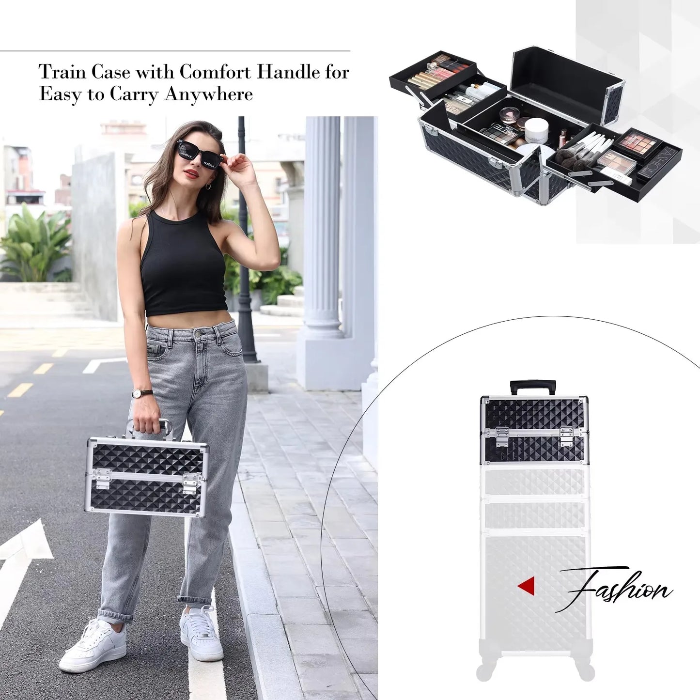 Detachable 4 In 1 Makeup Trolley Case On Wheels Alloy Frame With Lock For Nail Salon Manicure And Capacity Storage