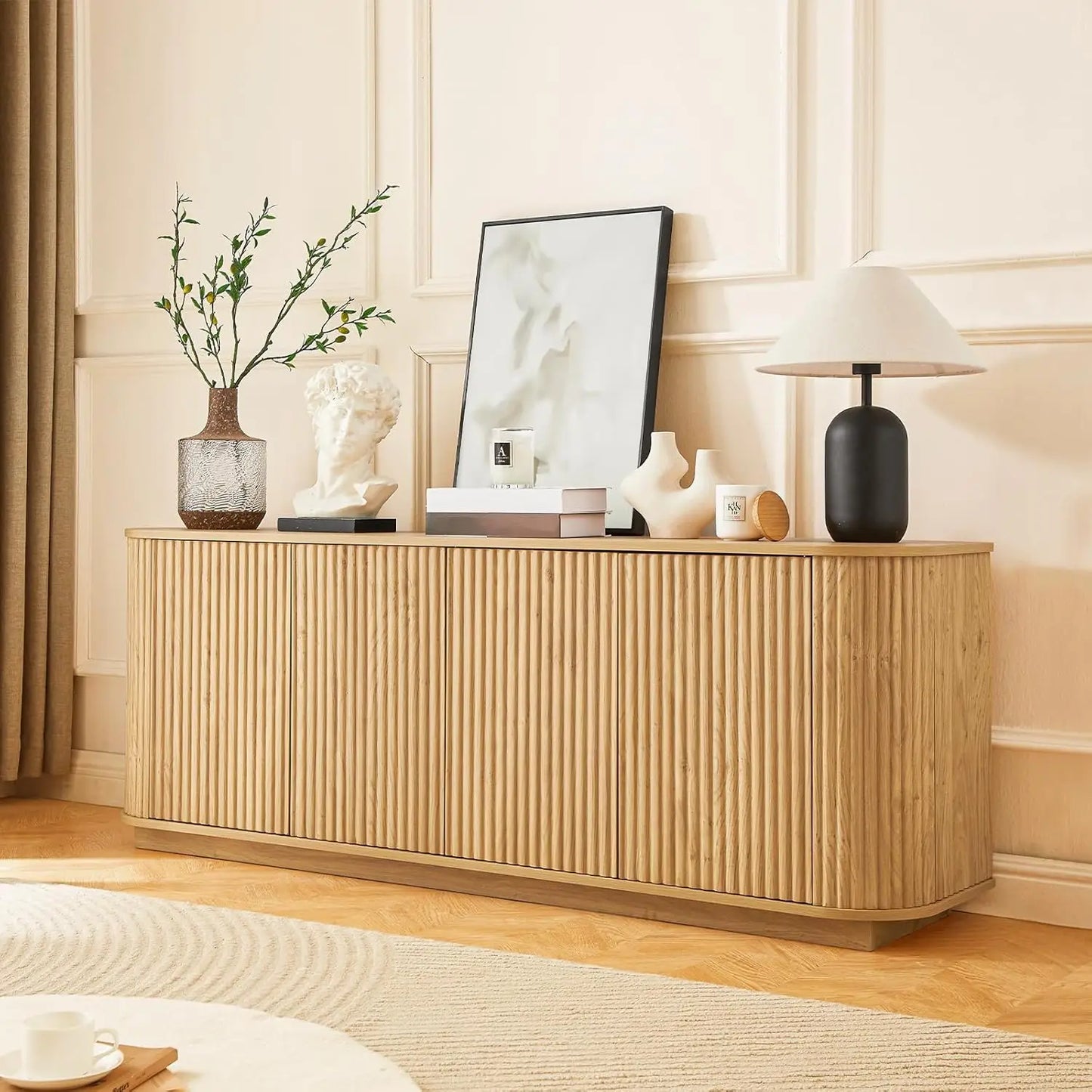 GUOHE Fluted Walnut Sideboard Buffet With Storage Cabinet
