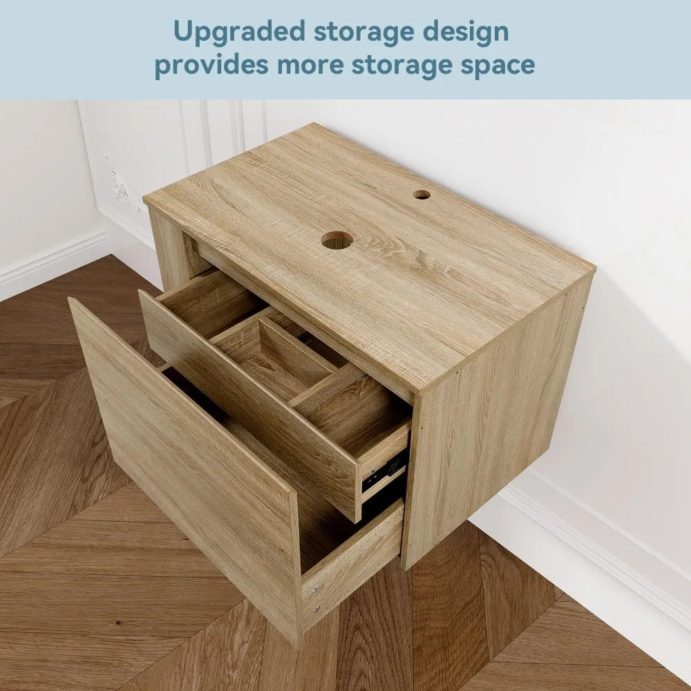 30-inch Natural Color Wall Mounted Bathroom Vanity with Hidden Drawer and Gold Boat Vessel Sink Top