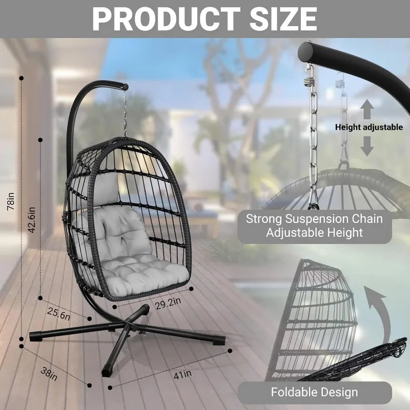 Egg Chair With Stand Rattan Wicker Hanging Swing For Bedroom Porch Garden Aluminum Frame UV Resistant Cushion 350 LBS