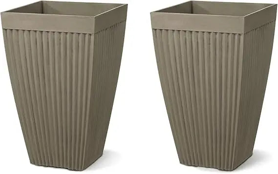 Glitzhome Set of 2 Garden Outdoor Planter Pots for Plants, 23" H Large Faux Concrete Fluted Tall Planter with Drainage Hole, Dec